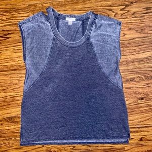 Motherhood Maternity Blue Destructed Top w/ Cut-Outs on Shoulders (Size: Large)